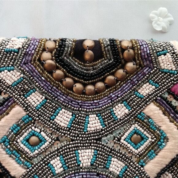 EUC Multicolored Handmade India Glass Beaded Boho Cotton & Leather Snap Clutch - Picture 7 of 13